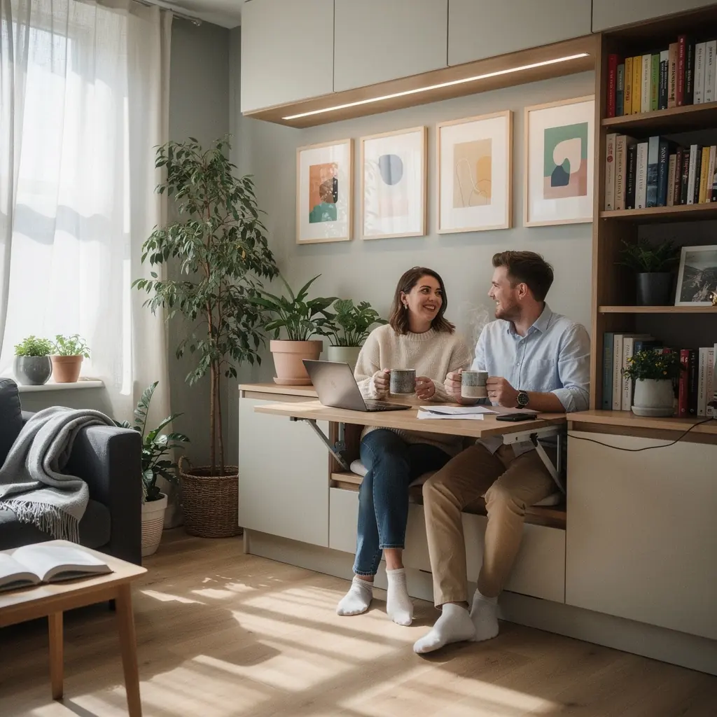 A compact home office setup demonstrating efficient organization and creative lighting ideas for productivity.